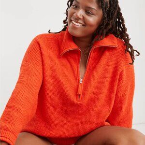 Aerie CozyUp Waffle Knit Quarter Zip Sweater - Orange